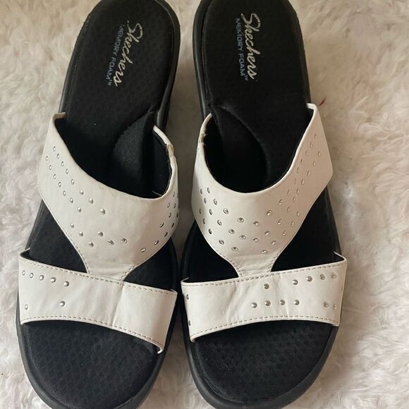 Skechers Rumbler white  wedge slip on straps sandals silver studs accent SZ11 - Picture 9 of 12